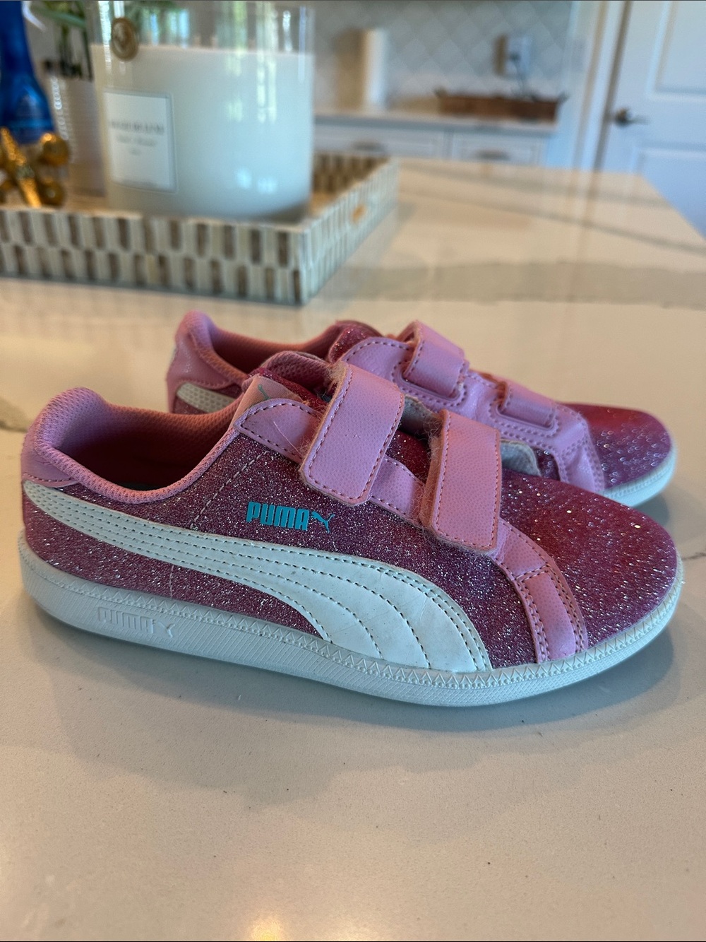 Puma Pink Glitter Kids Velcro Sneakers with White Stripe